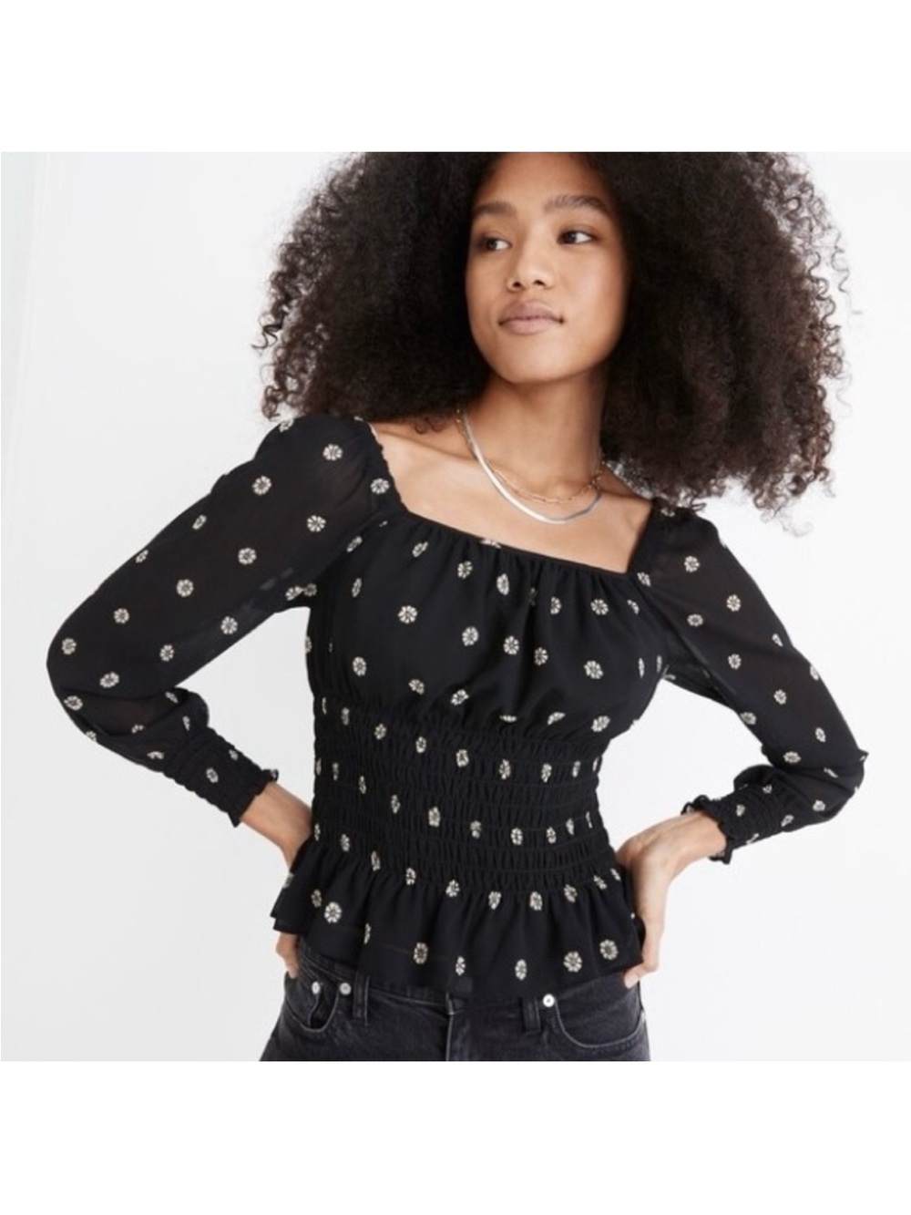 Madewell Top Georgette Square-Neck Smock-Waist in Bloom Dot size XL